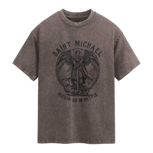 Saint Michael Heavenly Warrior Washed Cotton T-Shirt Defend Us In Battle
