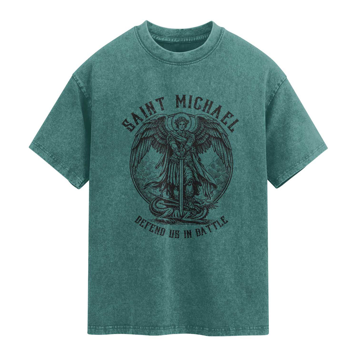 Saint Michael Heavenly Warrior Washed Cotton T-Shirt Defend Us In Battle