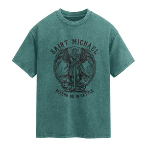 Saint Michael Heavenly Warrior Washed Cotton T-Shirt Defend Us In Battle
