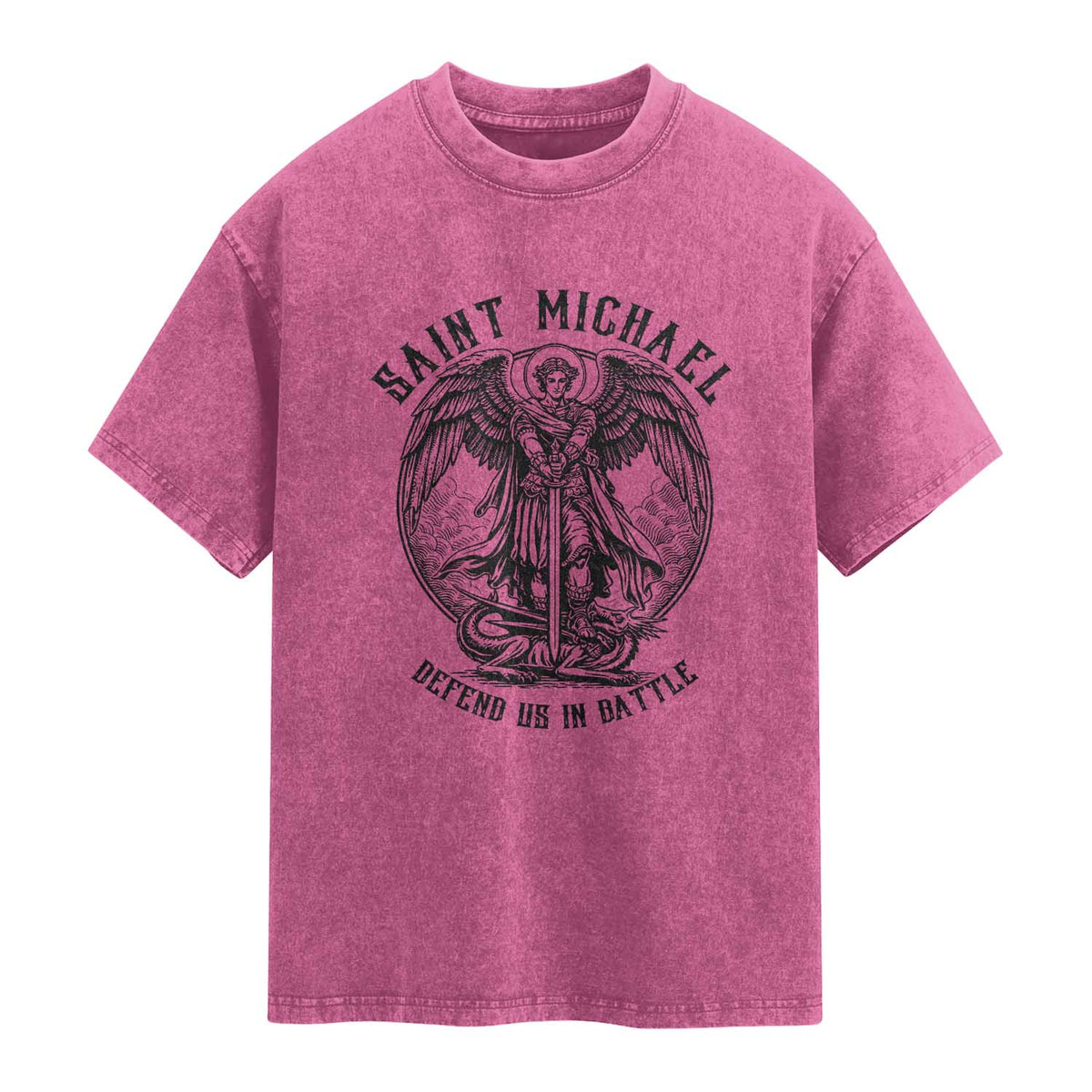 Saint Michael Heavenly Warrior Washed Cotton T-Shirt Defend Us In Battle