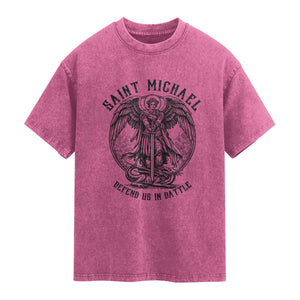Saint Michael Heavenly Warrior Washed Cotton T-Shirt Defend Us In Battle
