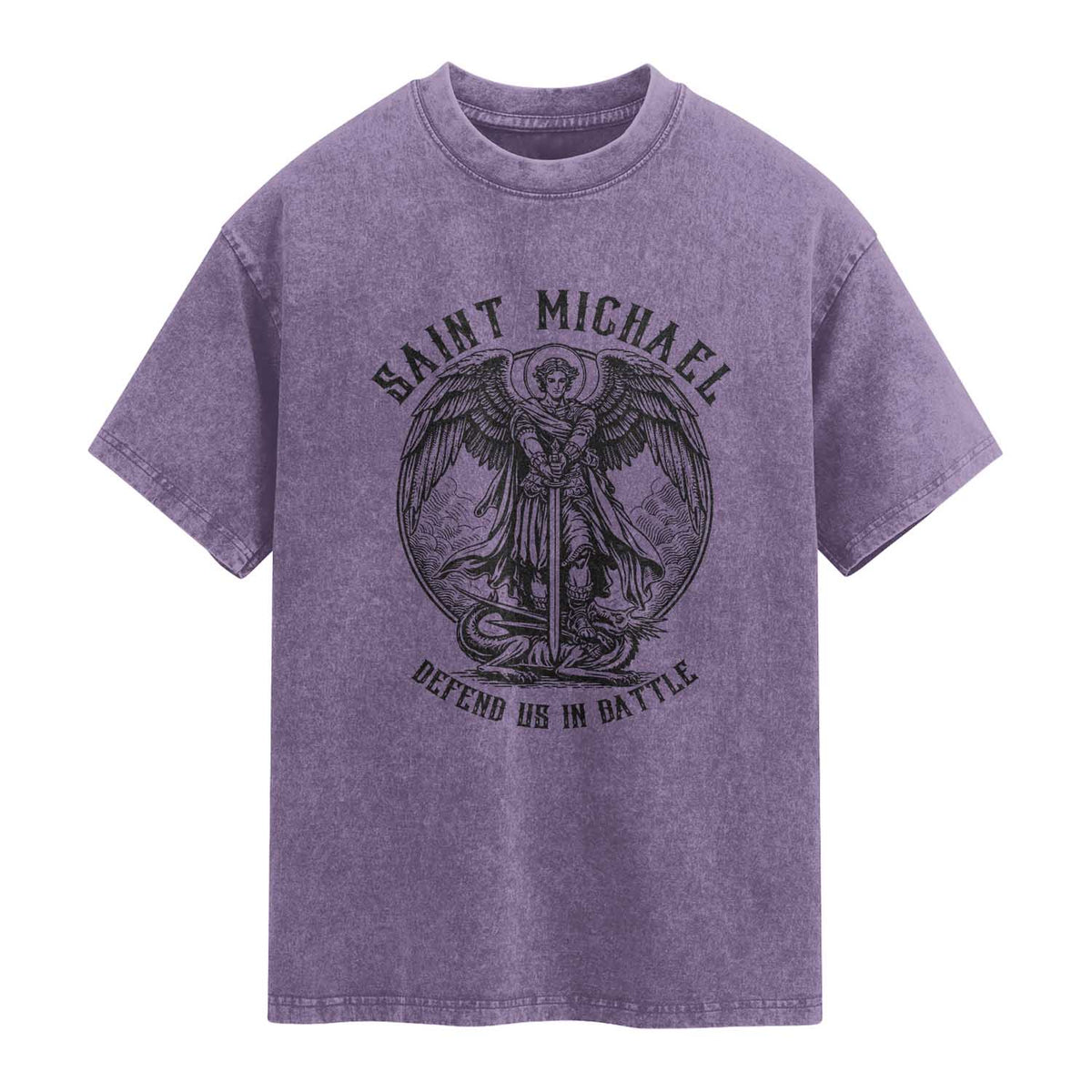 Saint Michael Heavenly Warrior Washed Cotton T-Shirt Defend Us In Battle
