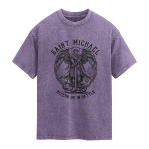 Saint Michael Heavenly Warrior Washed Cotton T-Shirt Defend Us In Battle