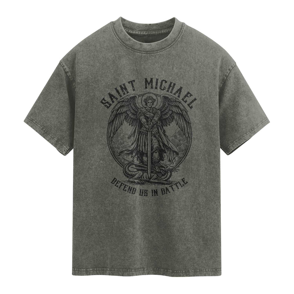 Saint Michael Heavenly Warrior Washed Cotton T-Shirt Defend Us In Battle