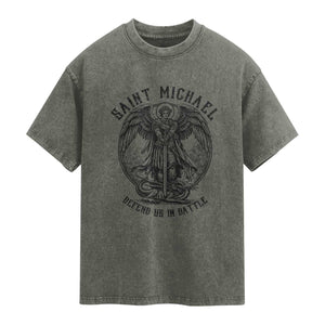 Saint Michael Heavenly Warrior Washed Cotton T-Shirt Defend Us In Battle