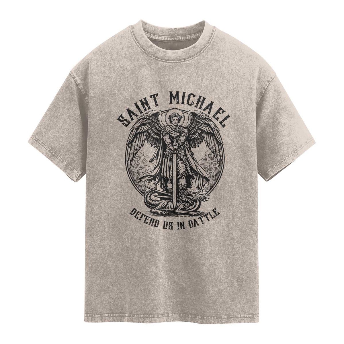 Saint Michael Heavenly Warrior Washed Cotton T-Shirt Defend Us In Battle