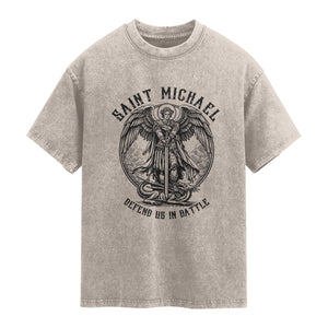 Saint Michael Heavenly Warrior Washed Cotton T-Shirt Defend Us In Battle