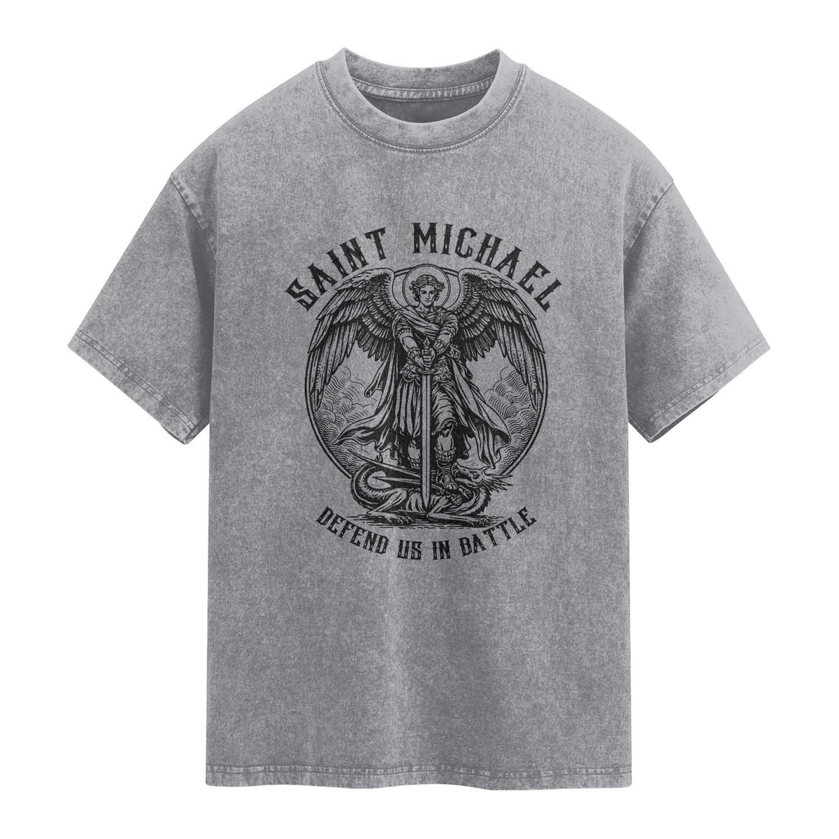 Saint Michael Heavenly Warrior Washed Cotton T-Shirt Defend Us In Battle