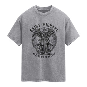 Saint Michael Heavenly Warrior Washed Cotton T-Shirt Defend Us In Battle