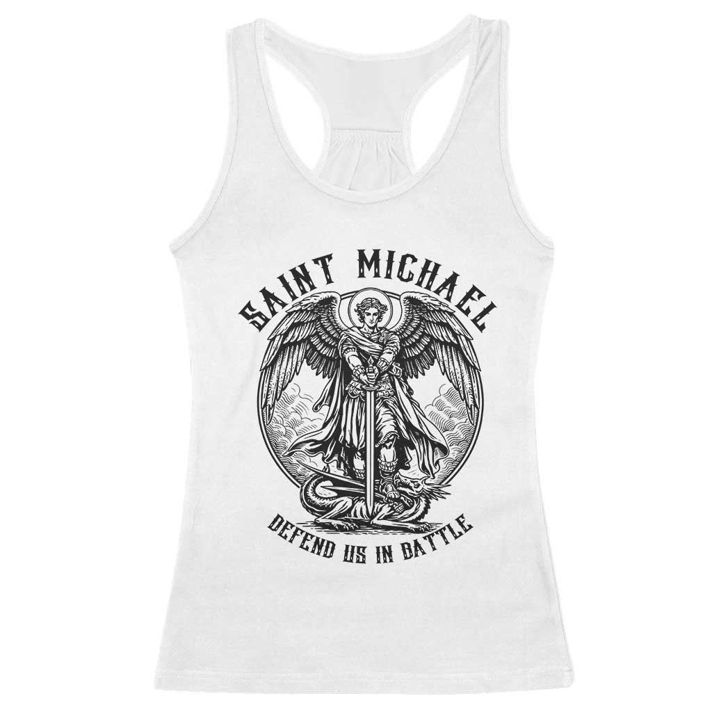 Saint Michael Heavenly Warrior Racerback Tank Top Defend Us In Battle TS12 White Print Your Wear