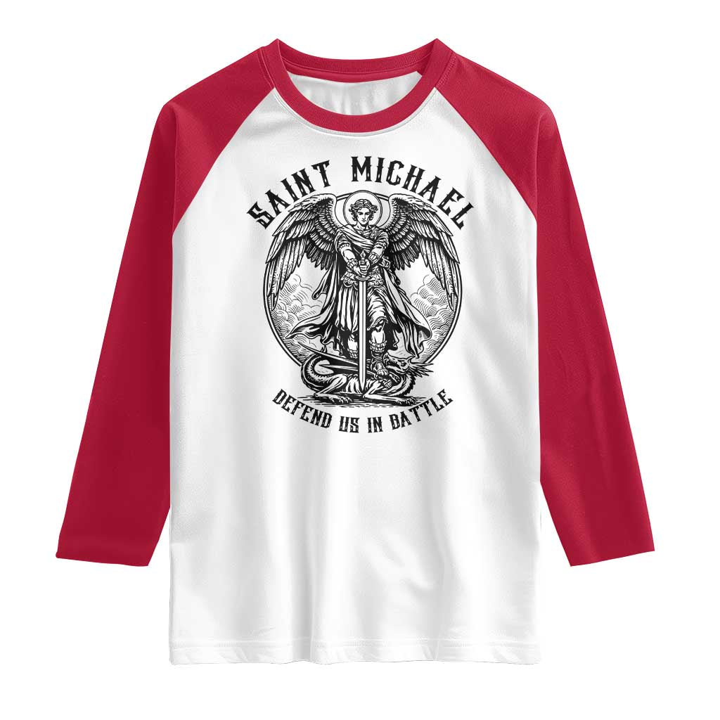 Saint Michael Heavenly Warrior Raglan Shirt Defend Us In Battle TS12 White Red Print Your Wear
