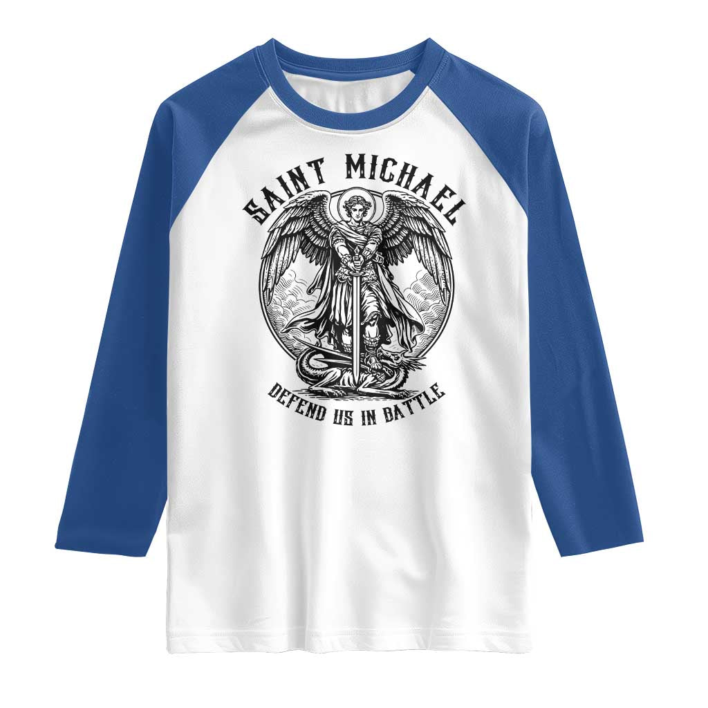 Saint Michael Heavenly Warrior Raglan Shirt Defend Us In Battle TS12 White Royal Print Your Wear