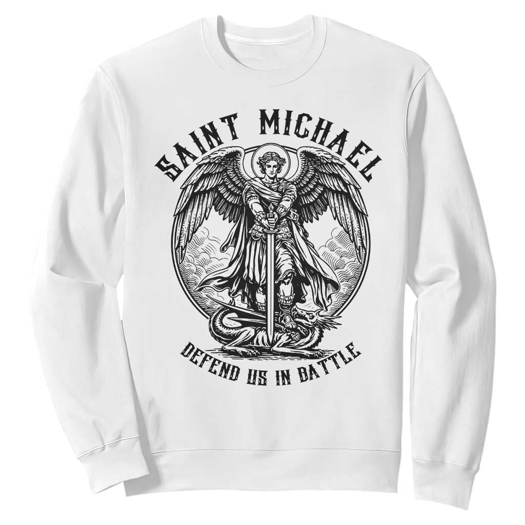 Saint Michael Heavenly Warrior Sweatshirt Defend Us In Battle TS12 White Print Your Wear