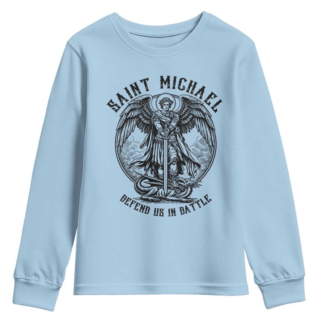 Saint Michael Heavenly Warrior Youth Sweatshirt Defend Us In Battle TS12 Light Blue Print Your Wear
