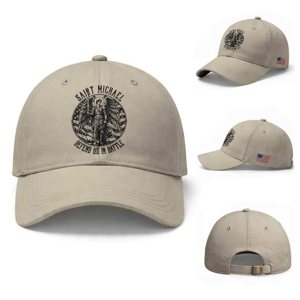 Saint Michael Defend Us In Battle Baseball Cap American Flag Patriotic TS12 Baseball Cap Universal Fit Beige Print Your Wear
