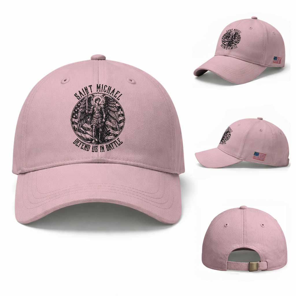 Saint Michael Defend Us In Battle Baseball Cap American Flag Patriotic TS12 Baseball Cap Universal Fit Light Pink Print Your Wear