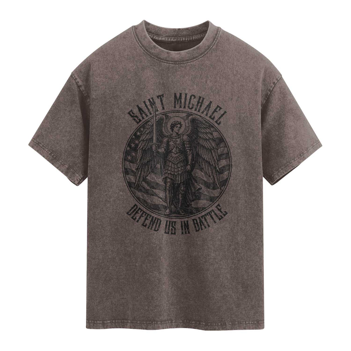 Saint Michael Defend Us In Battle Washed Cotton T-Shirt American Flag Patriotic