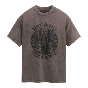 Saint Michael Defend Us In Battle Washed Cotton T-Shirt American Flag Patriotic