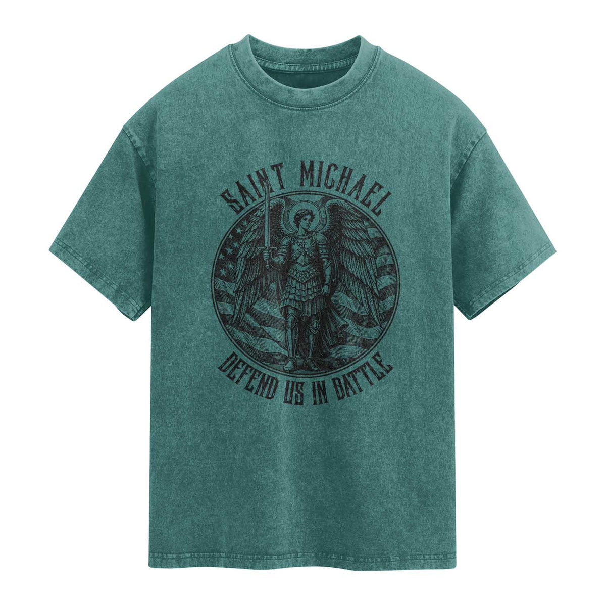 Saint Michael Defend Us In Battle Washed Cotton T-Shirt American Flag Patriotic