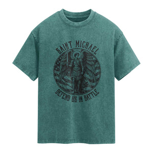 Saint Michael Defend Us In Battle Washed Cotton T-Shirt American Flag Patriotic