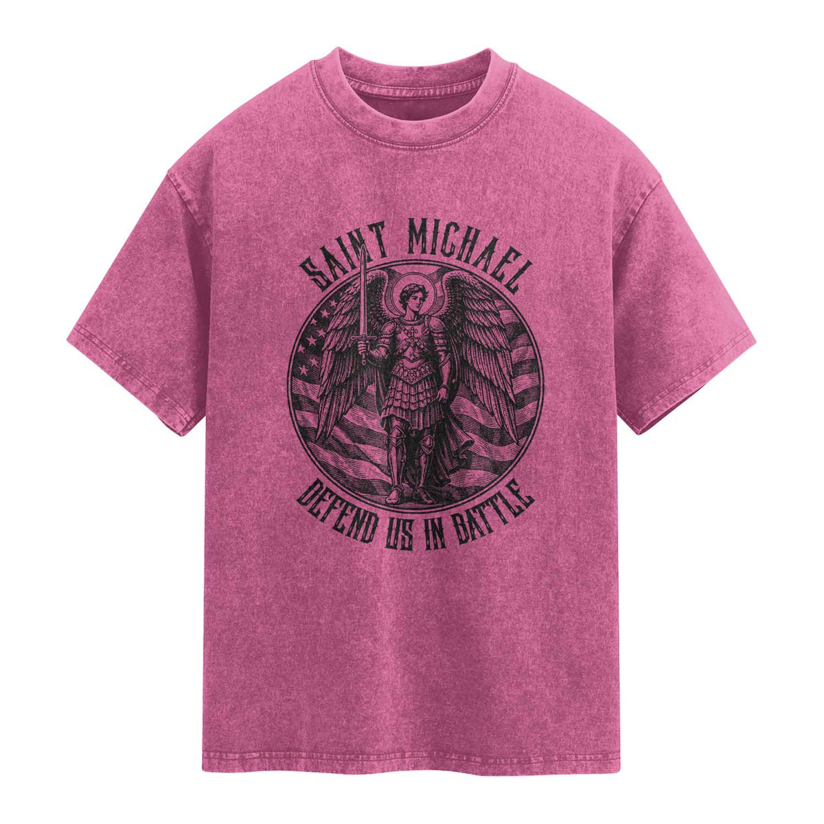 Saint Michael Defend Us In Battle Washed Cotton T-Shirt American Flag Patriotic