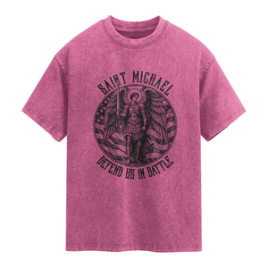 Saint Michael Defend Us In Battle Washed Cotton T-Shirt American Flag Patriotic