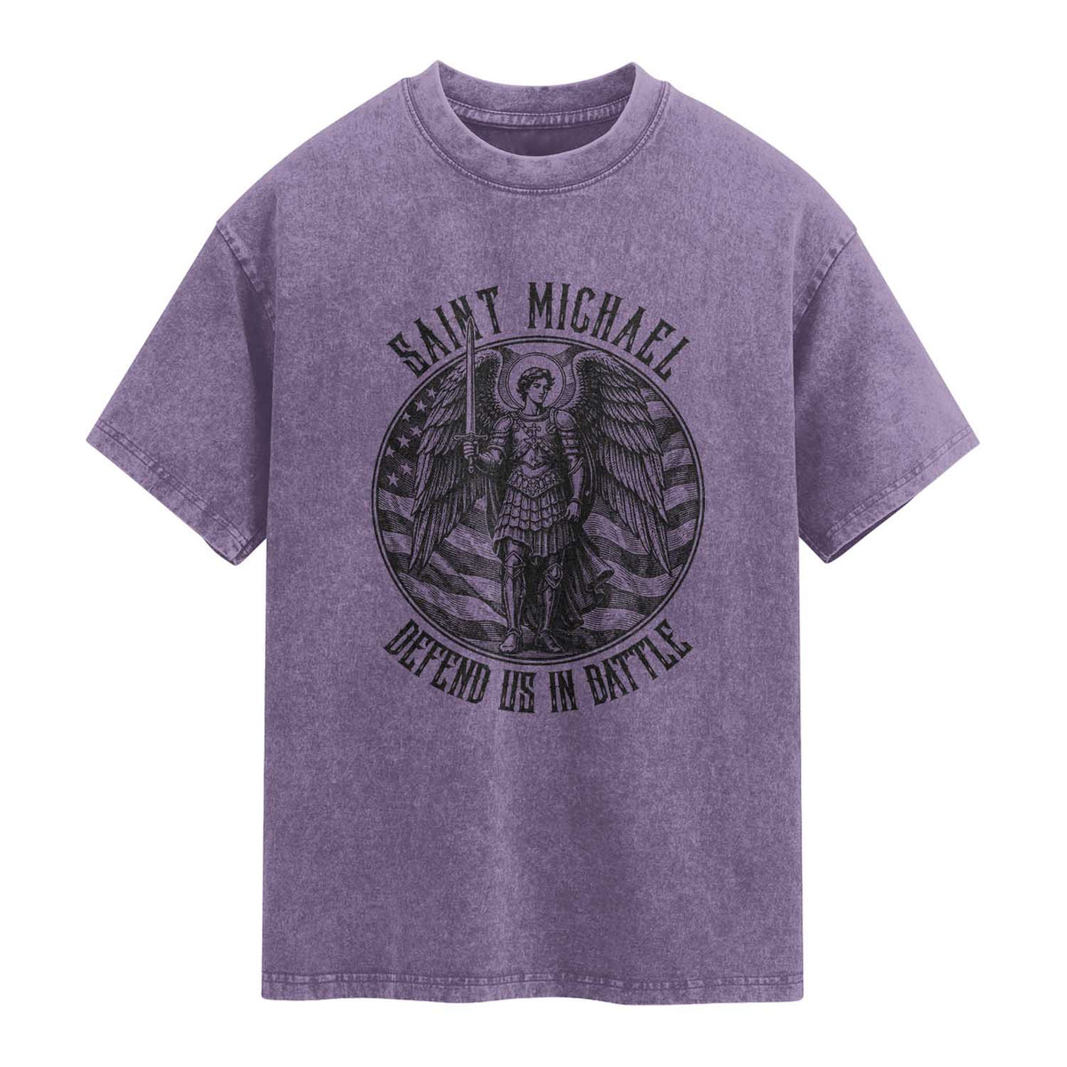 Saint Michael Defend Us In Battle Washed Cotton T-Shirt American Flag Patriotic