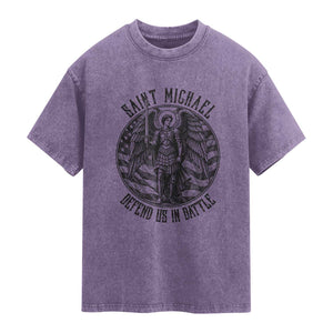 Saint Michael Defend Us In Battle Washed Cotton T-Shirt American Flag Patriotic