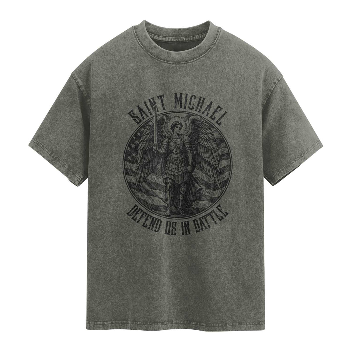 Saint Michael Defend Us In Battle Washed Cotton T-Shirt American Flag Patriotic