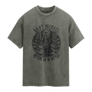 Saint Michael Defend Us In Battle Washed Cotton T-Shirt American Flag Patriotic