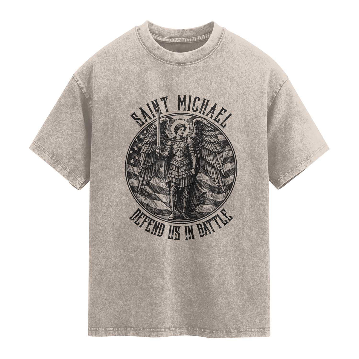 Saint Michael Defend Us In Battle Washed Cotton T-Shirt American Flag Patriotic