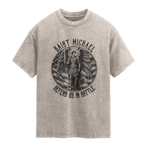 Saint Michael Defend Us In Battle Washed Cotton T-Shirt American Flag Patriotic