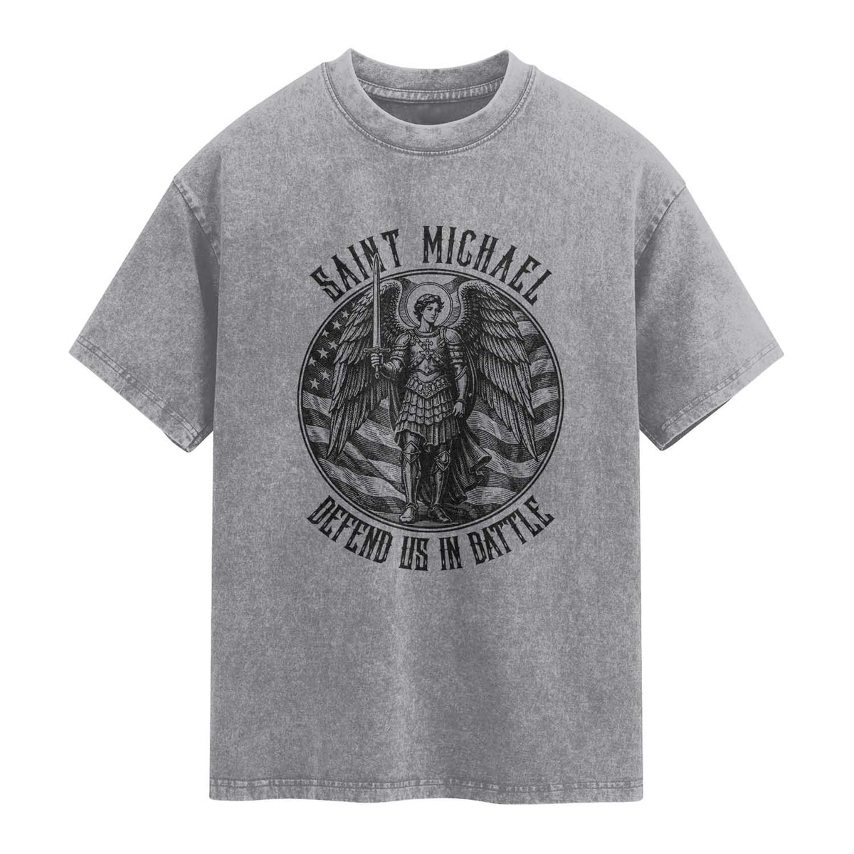 Saint Michael Defend Us In Battle Washed Cotton T-Shirt American Flag Patriotic