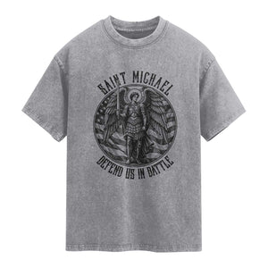 Saint Michael Defend Us In Battle Washed Cotton T-Shirt American Flag Patriotic