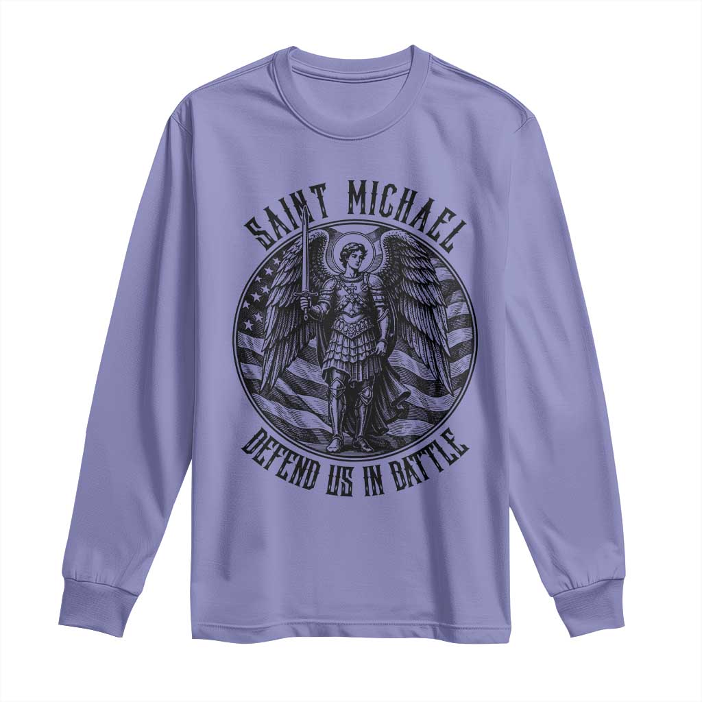 Saint Michael Defend Us In Battle Long Sleeve Shirt American Flag Patriotic TS12 Violet Print Your Wear