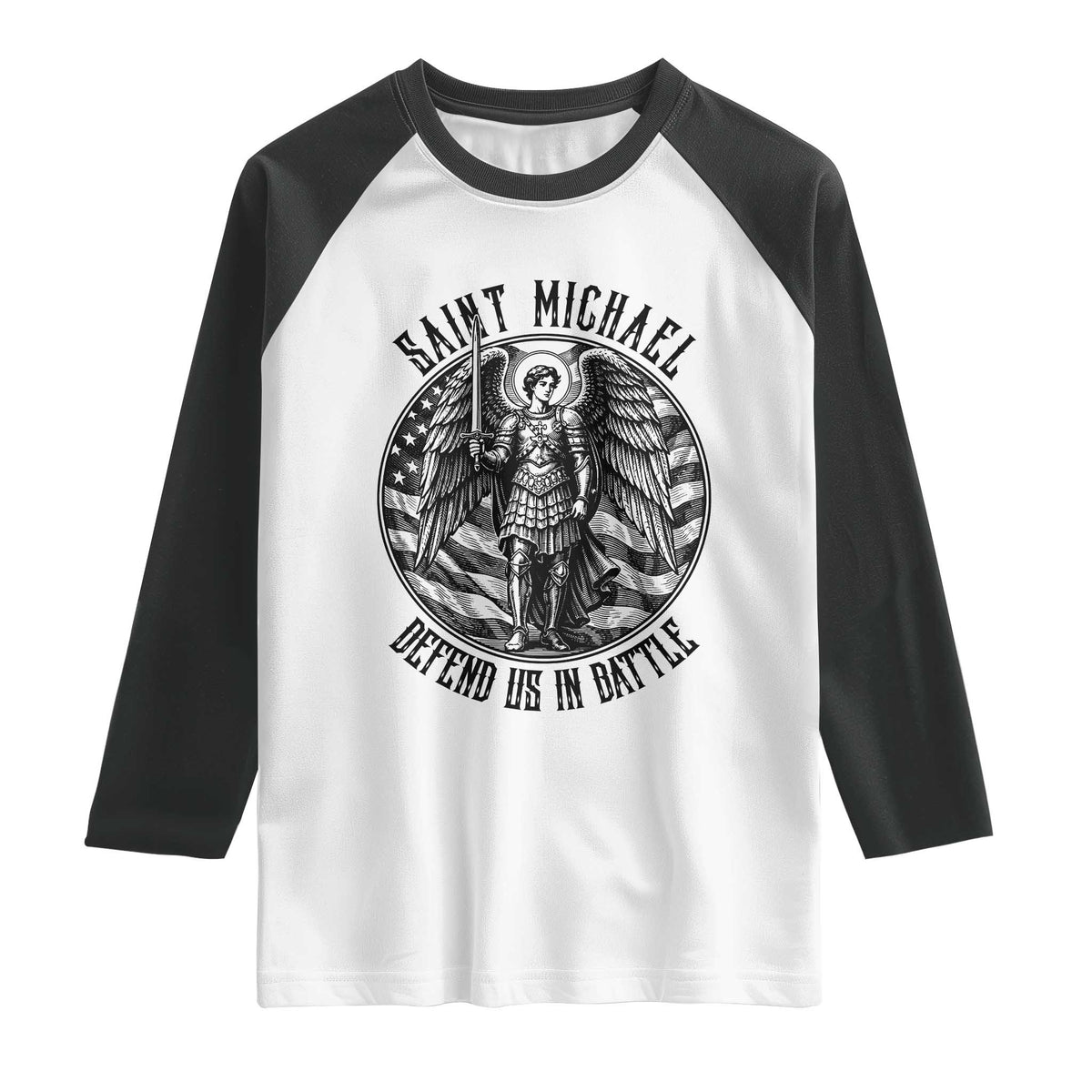 Saint Michael Defend Us In Battle Raglan Shirt American Flag Patriotic TS12 White Black Print Your Wear