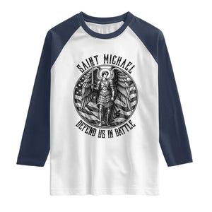 Saint Michael Defend Us In Battle Raglan Shirt American Flag Patriotic TS12 White Navy Print Your Wear