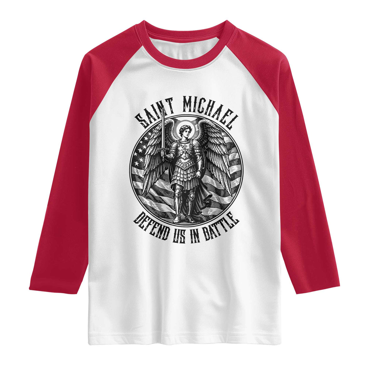 Saint Michael Defend Us In Battle Raglan Shirt American Flag Patriotic TS12 White Red Print Your Wear