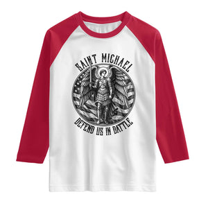 Saint Michael Defend Us In Battle Raglan Shirt American Flag Patriotic TS12 White Red Print Your Wear
