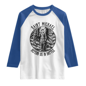 Saint Michael Defend Us In Battle Raglan Shirt American Flag Patriotic TS12 White Royal Print Your Wear