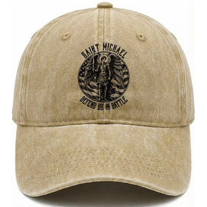 Saint Michael Defend Us In Battle Washed Cotton Baseball Cap American Flag Patriotic TS12 Print Your Wear