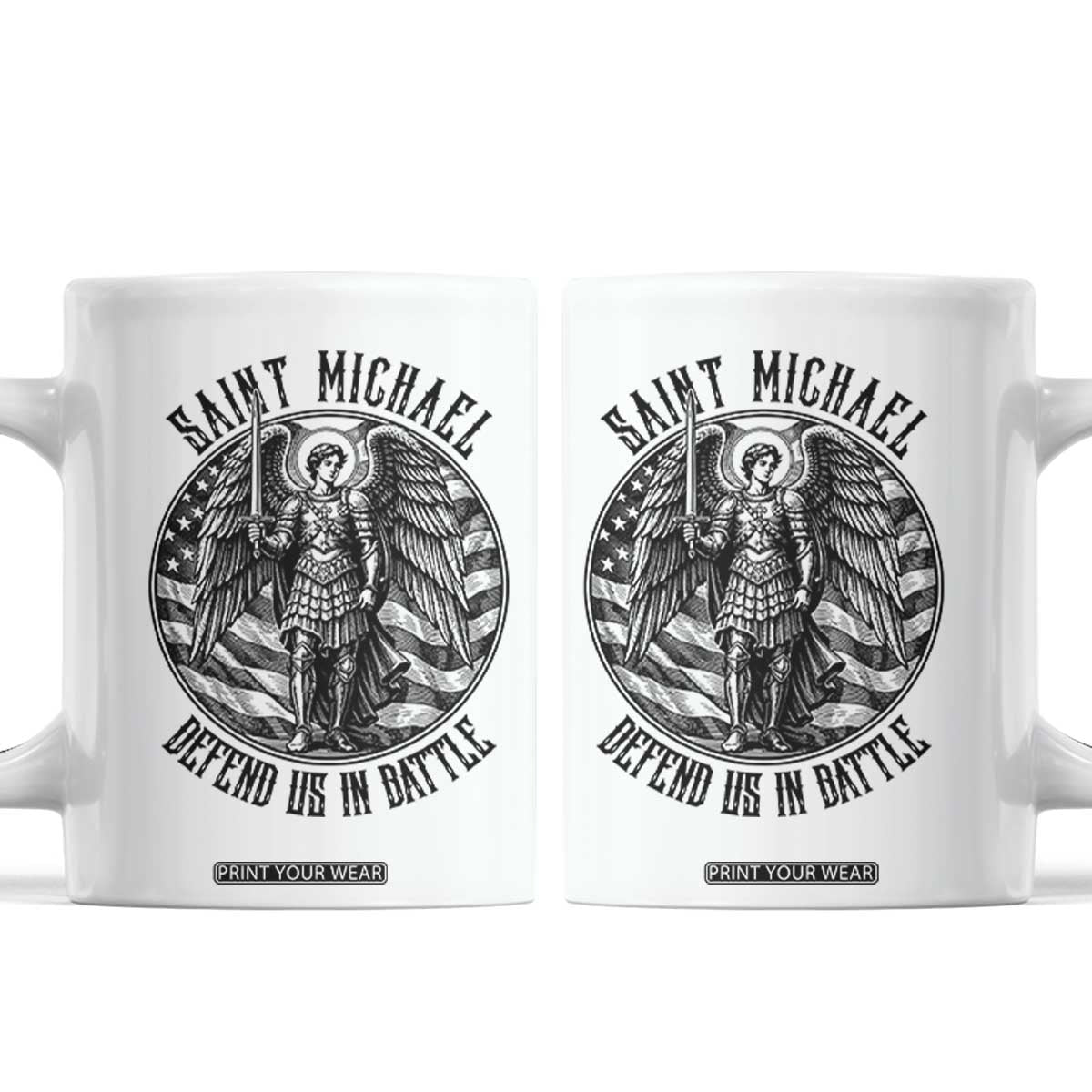Saint Michael Defend Us In Battle Coffee Mug American Flag Patriotic TS12 White Print Your Wear