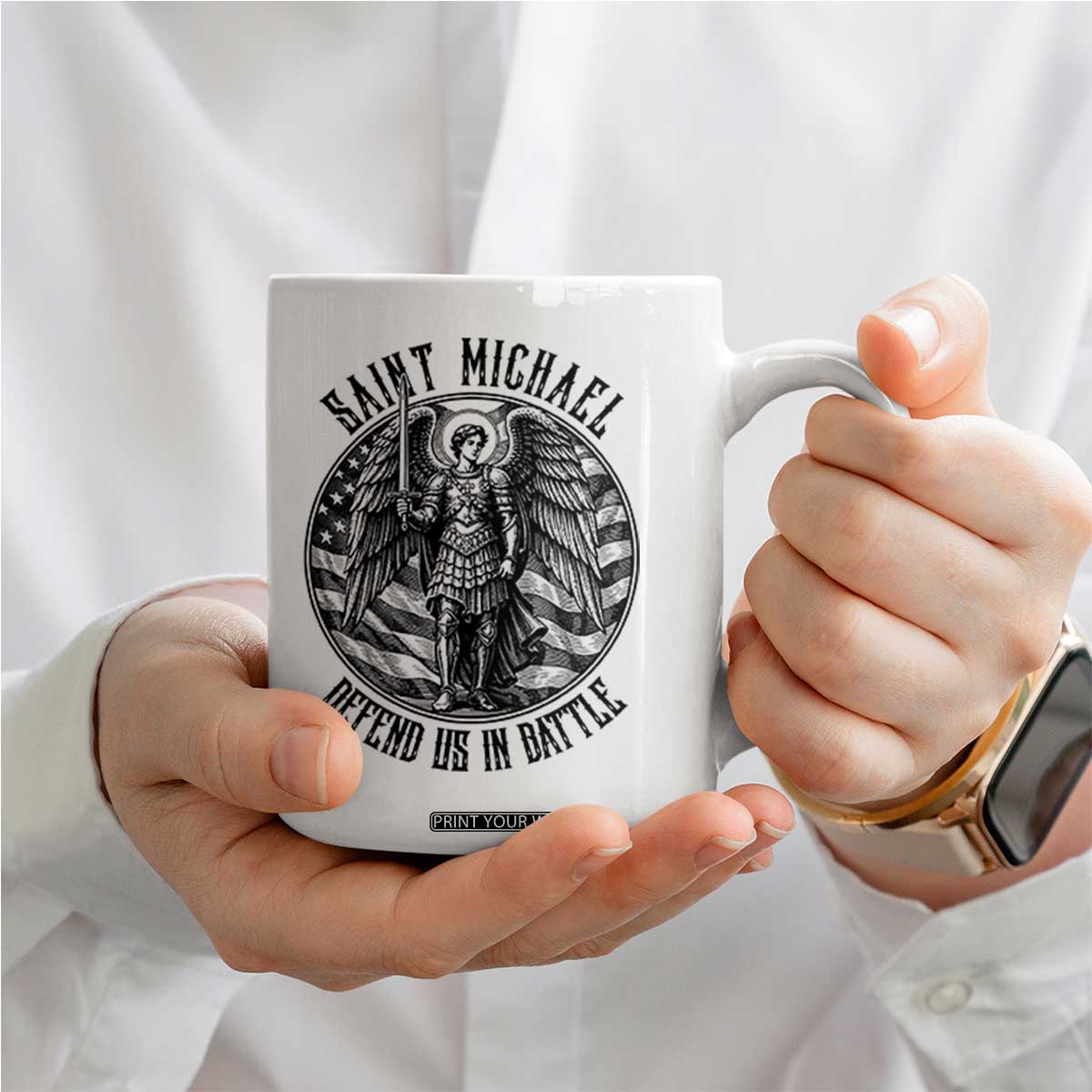 Saint Michael Defend Us In Battle Coffee Mug American Flag Patriotic TS12 Print Your Wear