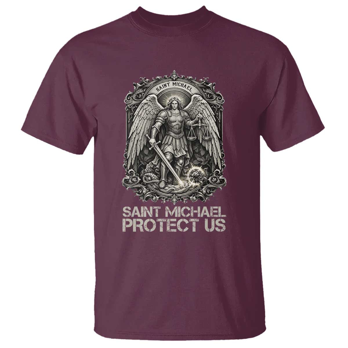 St Michael The Archangel Protect Us T Shirt Christian Faith Gift TS12 Maroon Print Your Wear