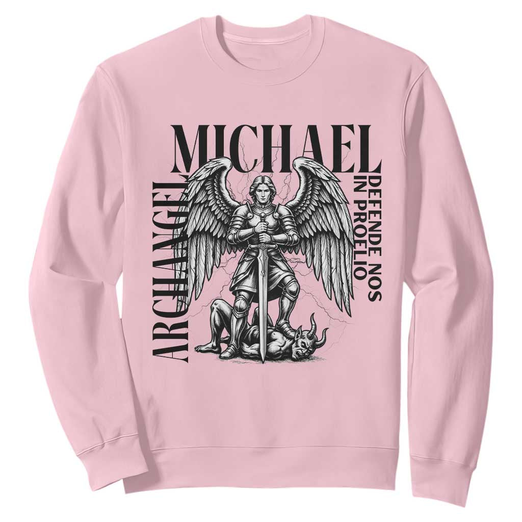 Saint Michael Archangel Defende Nos In Proelio Sweatshirt Christian Faith Gift TS12 Light Pink Print Your Wear
