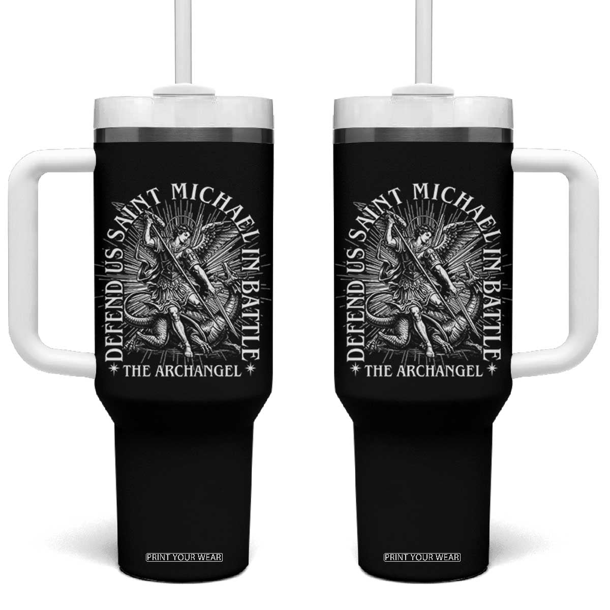 Saint Michael Defend Us In Battle Tumbler With Handle Catholic Protection Gift TS12 One Size: 40 oz Black Print Your Wear