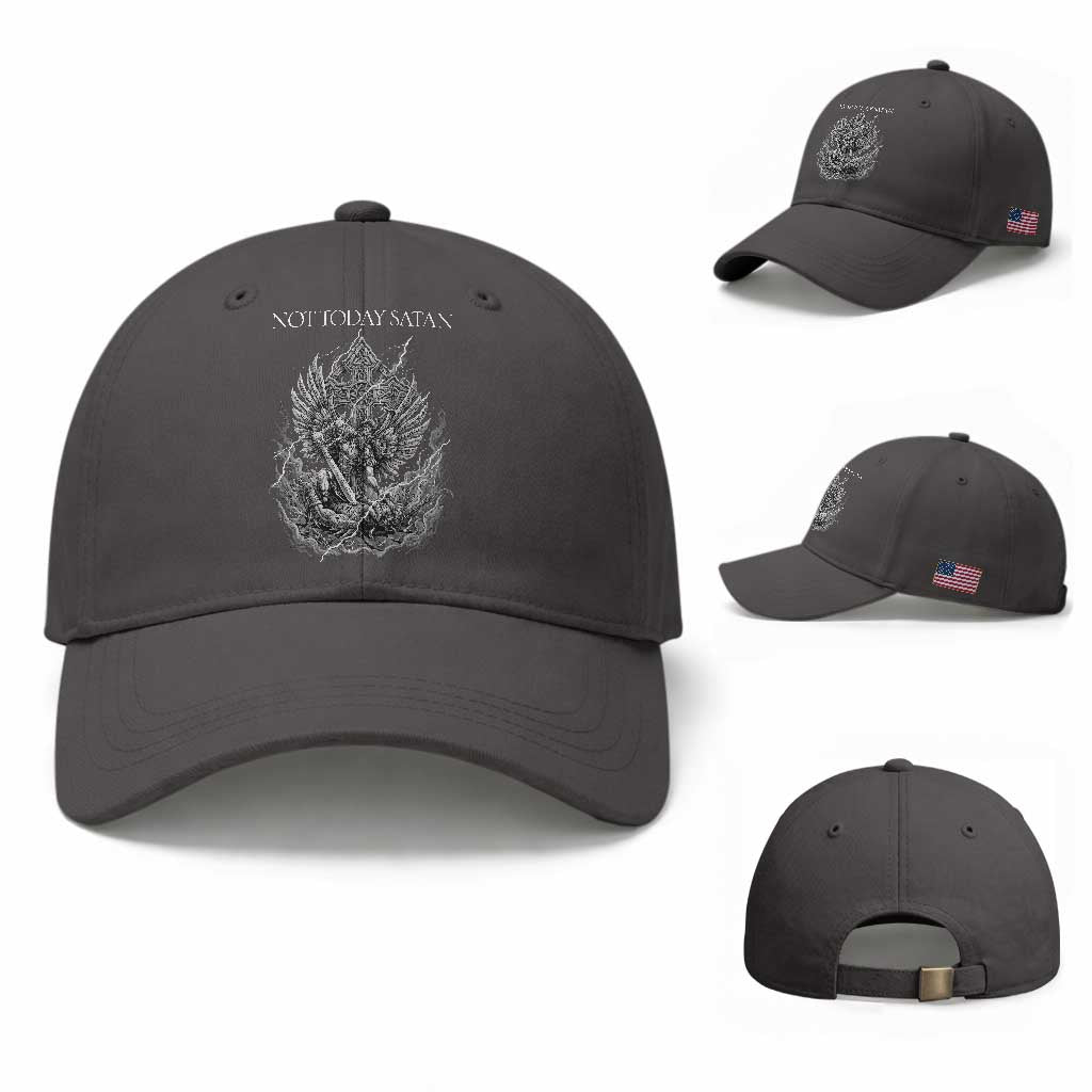 Not Today Satan Baseball Cap Saint Michael Fights Evil TS12 Baseball Cap Universal Fit Dark Gray Print Your Wear