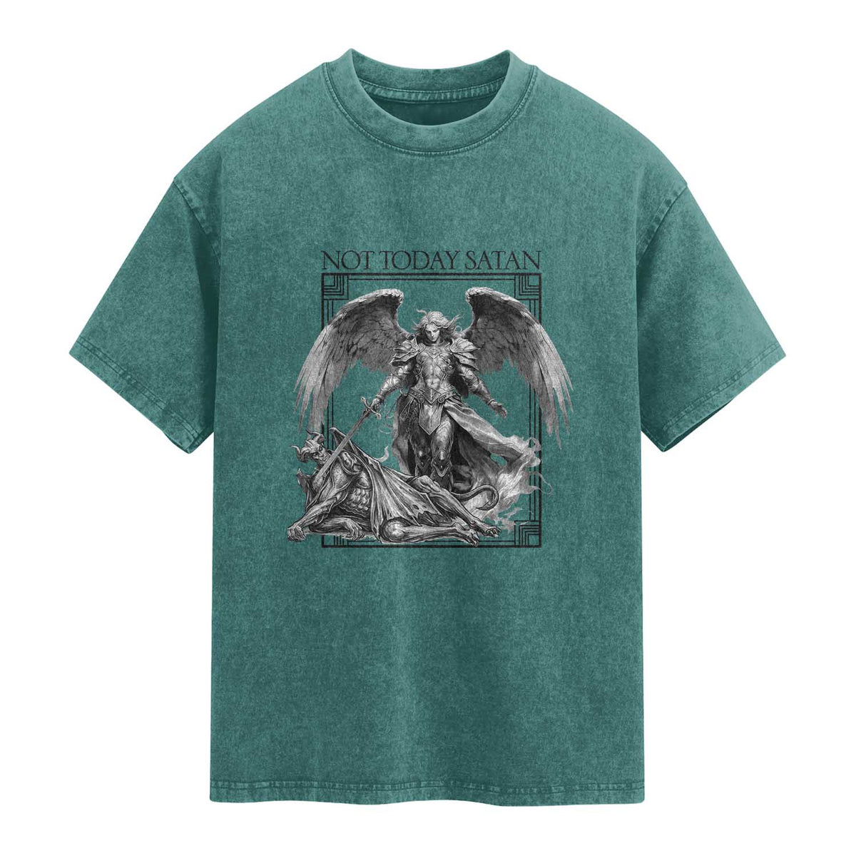 Funny Saint Michael Defeating Satan Washed Cotton T-Shirt Not Today Satan