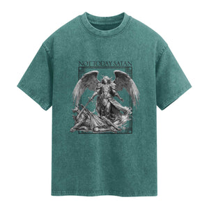 Funny Saint Michael Defeating Satan Washed Cotton T-Shirt Not Today Satan