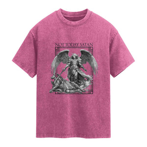 Funny Saint Michael Defeating Satan Washed Cotton T-Shirt Not Today Satan